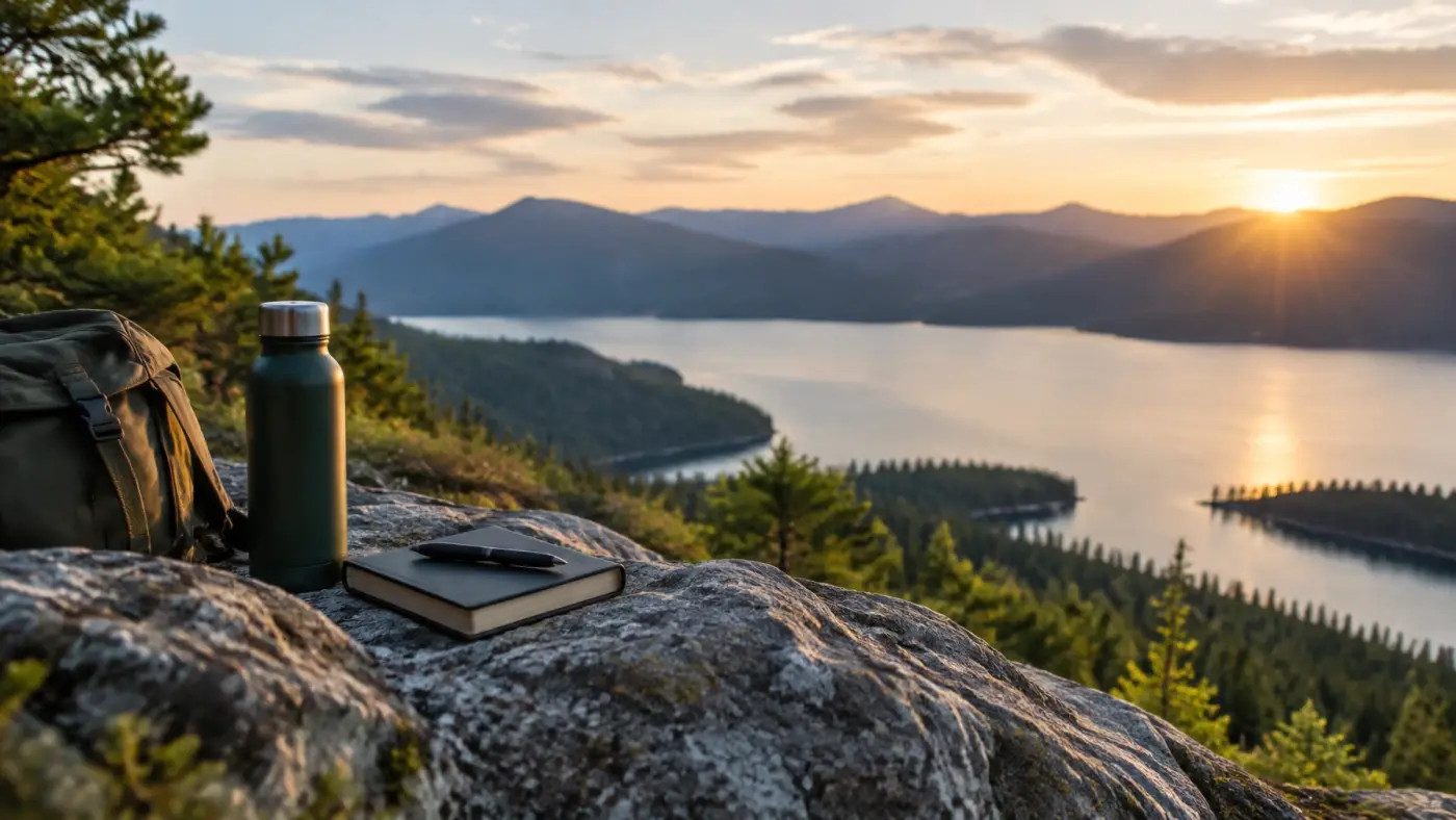 A calm mountain lake at sunrise with a journal and water bottle resting on a rock